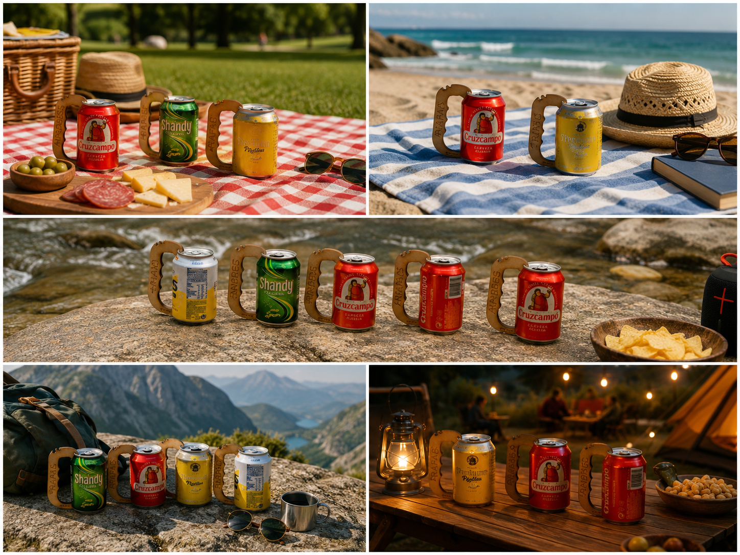 Collage de usos de Asa_Lata en picnic, playa, río y camping